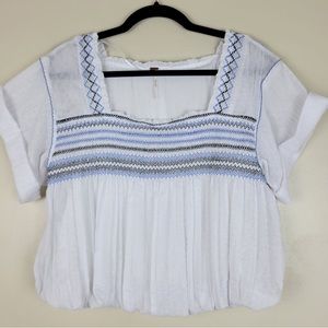 White Free People Top with blue and black embroidery